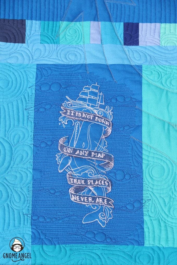 "Son of a Son of a Sailor" - Designed, embroidered and pieced by Angie Wilson of www.GnomeAngel.com using Robert Kaufman Kona and Urban Threads Embroidery Patterns. Custom quilted by Raylee Bielenberg of Sunflower Quilting | Find out more at www.GnomeAngel.com